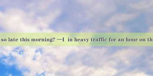 —Why were you so late this morning? —I  in heavy traffic for an hour on the way here.A. ha