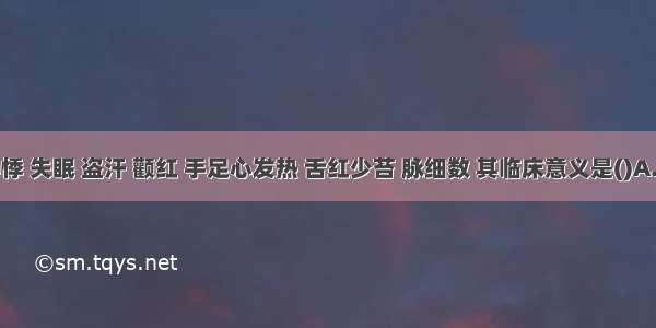 患者心悸 失眠 盗汗 颧红 手足心发热 舌红少苔 脉细数 其临床意义是()A.表实寒