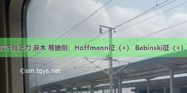 如患者开始双下肢乏力 麻木 易跪倒；Hoffmann征（+） Babinski征（+） 需考虑伴有