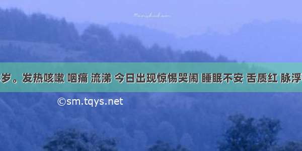 患儿 4岁。发热咳嗽 咽痛 流涕 今日出现惊惕哭闹 睡眠不安 舌质红 脉浮弦。其