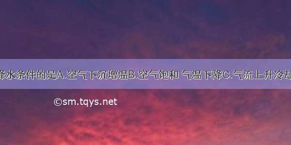 下列不附合降水条件的是A.空气下沉增温B.空气饱和 气温下降C.气流上升冷却D.有凝结核