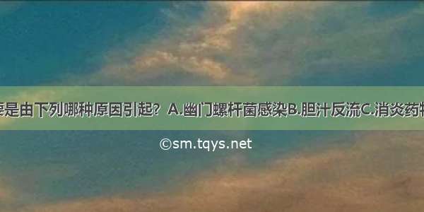 B型胃炎主要是由下列哪种原因引起？A.幽门螺杆菌感染B.胆汁反流C.消炎药物D.吸烟E.酒