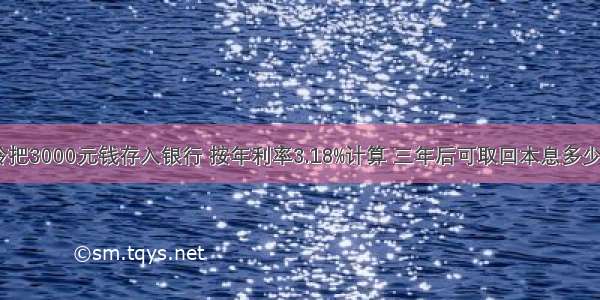 小玲把3000元钱存入银行 按年利率3.18%计算 三年后可取回本息多少元？