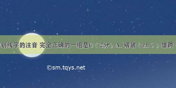 下列词语中划线字的注音 完全正确的一组是C（2分）A. 褶皱（zhé）雄跨（kuā）B. 