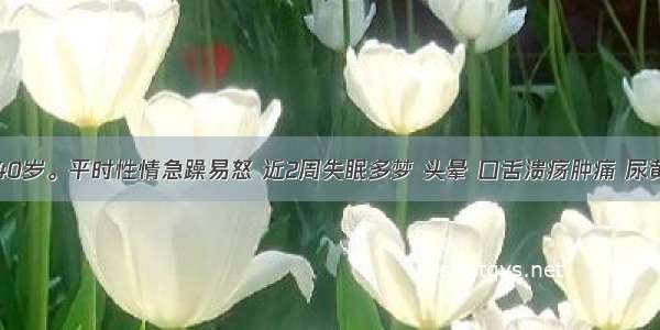 患者男 40岁。平时性情急躁易怒 近2周失眠多梦 头晕 口舌溃疡肿痛 尿黄 大便干