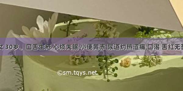 患者 女 30岁。口舌生疮 心烦失眠 小便黄赤 尿道灼热涩痛 口渴 舌红无苔 脉数