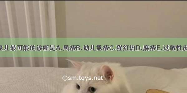 该患儿最可能的诊断是A.风疹B.幼儿急疹C.猩红热D.麻疹E.过敏性皮炎