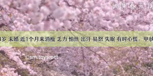 女 24岁 未婚 近1个月来消瘦 乏力 怕热 出汗 易怒 失眠 有时心慌。甲状腺轻