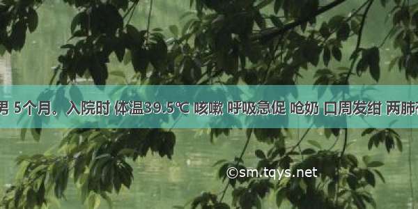 患儿 男 5个月。入院时 体温39.5℃ 咳嗽 呼吸急促 呛奶 口周发绀 两肺有固定