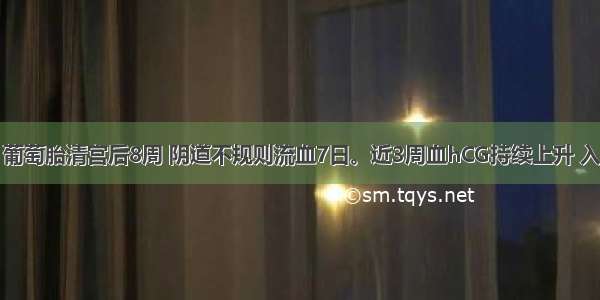 45岁经产妇 葡萄胎清宫后8周 阴道不规则流血7日。近3周血hCG持续上升 入院时为3500