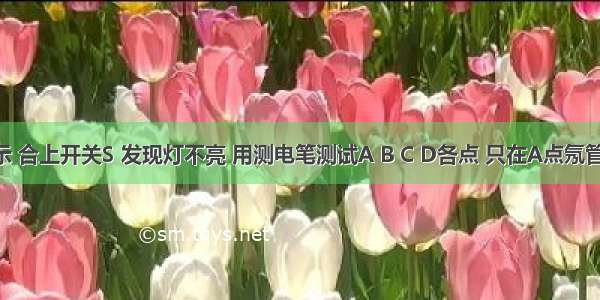 如图所示 合上开关S 发现灯不亮 用测电笔测试A B C D各点 只在A点氖管发光 则