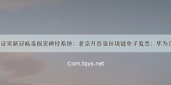 北京地坛医院证实新冠病毒损害神经系统；北京开首张区块链电子发票；华为企业BG新任总