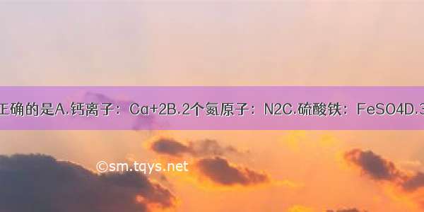 下列化学用语表示正确的是A.钙离子：Ca+2B.2个氮原子：N2C.硫酸铁：FeSO4D.3个水分子：3H2O