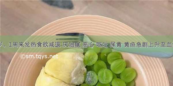 男 20岁。1周来发热食欲减退 厌油腻 恶心 呕吐 尿黄 黄疸急剧上升至血清 总胆