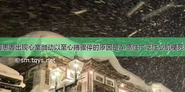 肺源性心脏病患者出现心室颤动以至心搏骤停的原因是A.急性广泛性心肌梗死B.急性严重心