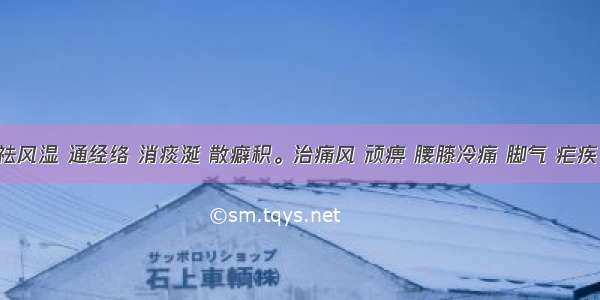 威灵仙祛风湿 通经络 消痰涎 散癖积。治痛风 顽痹 腰膝冷痛 脚气 疟疾 症瘕积