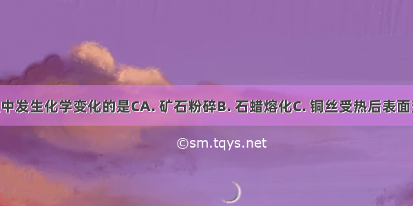 下列过程中发生化学变化的是CA. 矿石粉碎B. 石蜡熔化C. 铜丝受热后表面变黑D. 湿