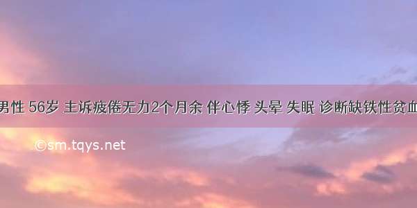 患者 男性 56岁 主诉疲倦无力2个月余 伴心悸 头晕 失眠 诊断缺铁性贫血 给予