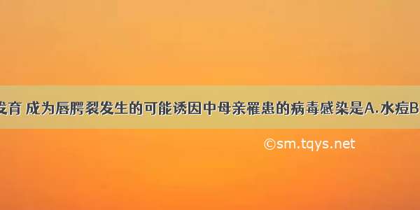 可影响胚胎发育 成为唇腭裂发生的可能诱因中母亲罹患的病毒感染是A.水痘B.风疹C.麻疹