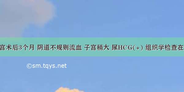 葡萄胎清宫术后3个月 阴道不规则流血 子宫稍大 尿HCG(+) 组织学检查在子宫 肌层